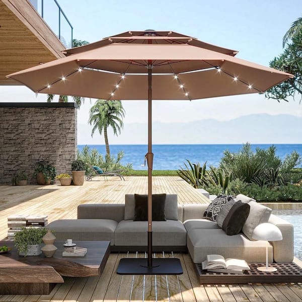 LAUSAINT HOME 10 ft. Aluminum Market Solar Lights Patio Umbrella in Beige