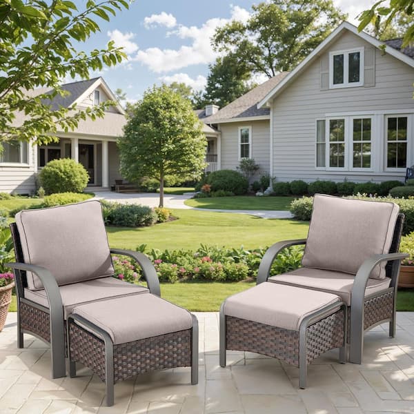 Carlos 4-Person Brown Wicker Outdoor Lounge Chair with Ottomans and Beige Cushions