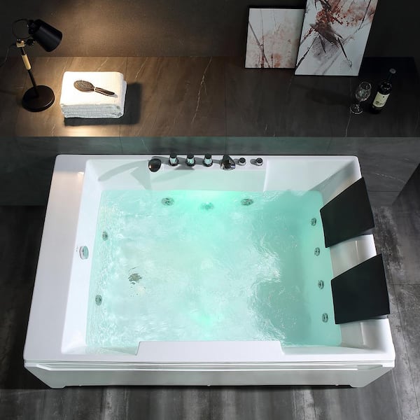 72 in. 177 Gal. Acrylic Left Drain Rectangular Alcove Whirlpool Lighted Bathtub in White with Tub Filler