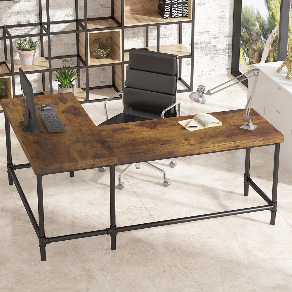 Rustic Brown L-Shaped Industrial Wood Corner Desk