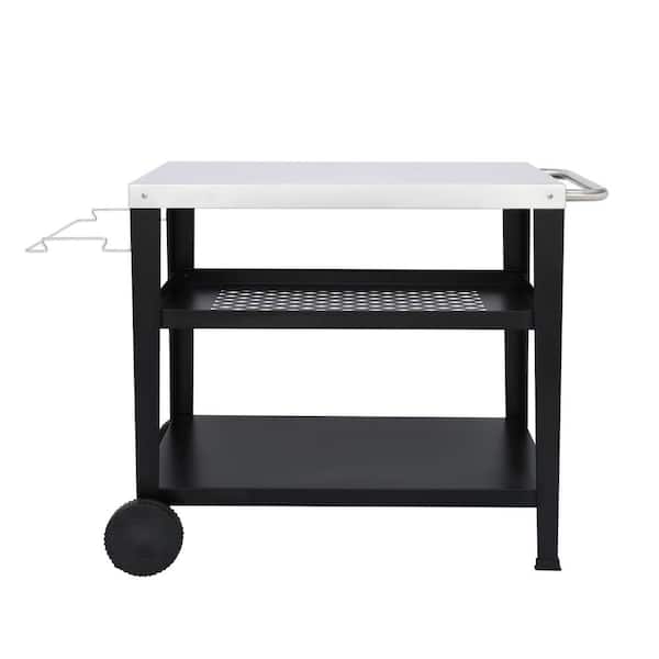 34in. x 20in. Rolling Dining Table Cart Outdoor Garden Patio BBQ Kitchen Food Service Cart Tray with Trash Bag Holder