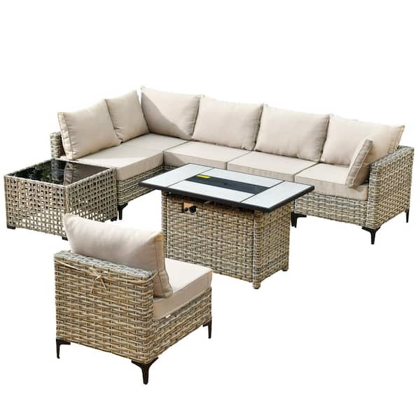 Holston 8-Piece Wicker Modern Outdoor Patio Rectangular Fire Pit Conversation Sofa Sectional Set with Beige Cushions