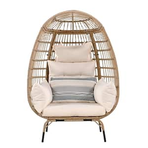 Brown Wicker Outdoor Egg-Shaped Chair with Removable Beige Cushions Suitable for Courtyard, Garden