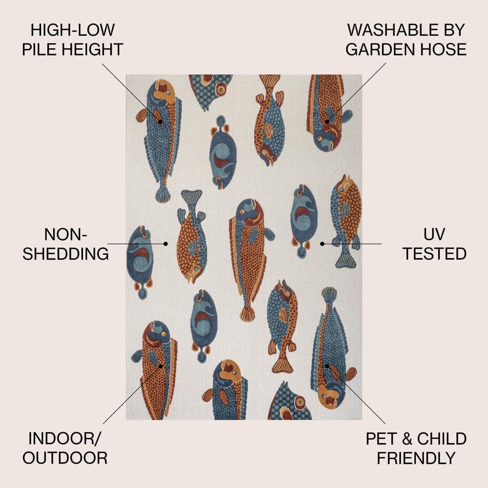 Navy and Orange Coastal Fish Pattern Synthetic 8' x 10' Area Rug