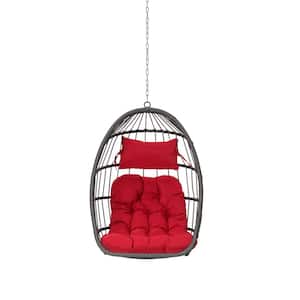 Wicker Metal Outdoor Patio Gray Rattan Egg Swing Chair Hanging Chair with Red Cushion