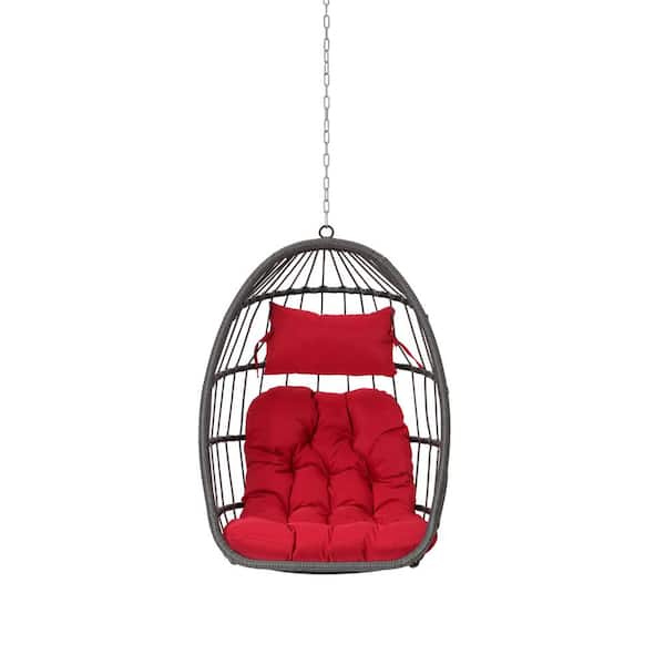 Boosicavelly Wicker Metal Outdoor Patio Gray Rattan Egg Swing Chair Hanging Chair with Red Cushion
