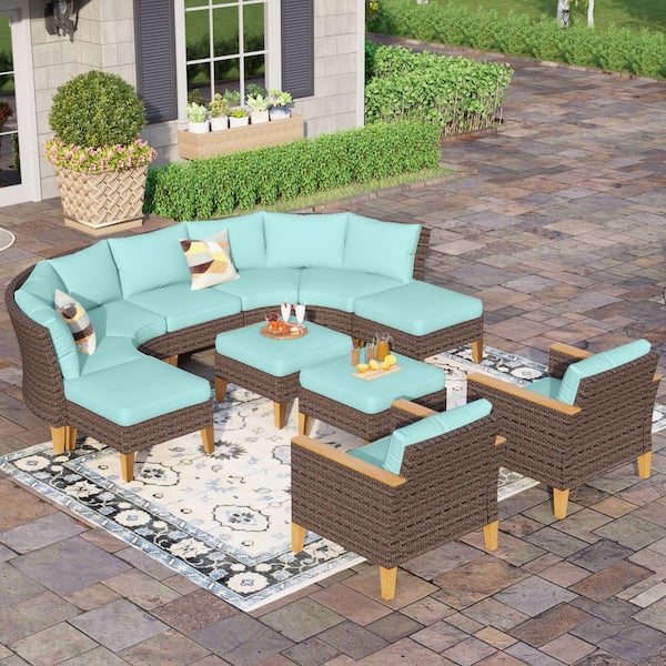 PHI VILLA Brown Rattan Wicker 11 Seat 11-Piece Steel Patio Outdoor Sectional Set with Blue Cushions