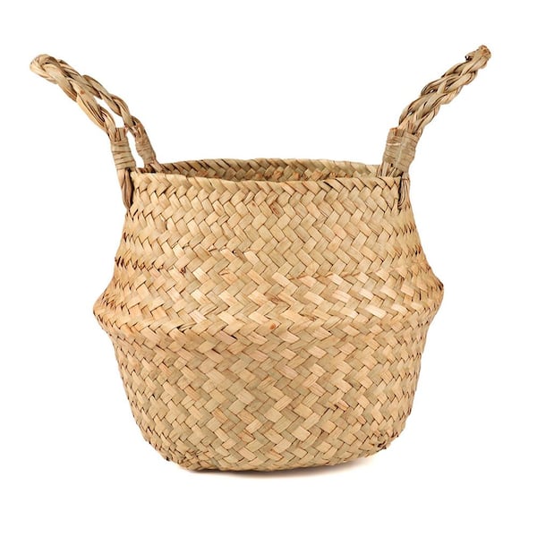 Large 9 in. Dia. Beige Woven Seagrass Wicker Basket with Handle for Plant Pots Storage