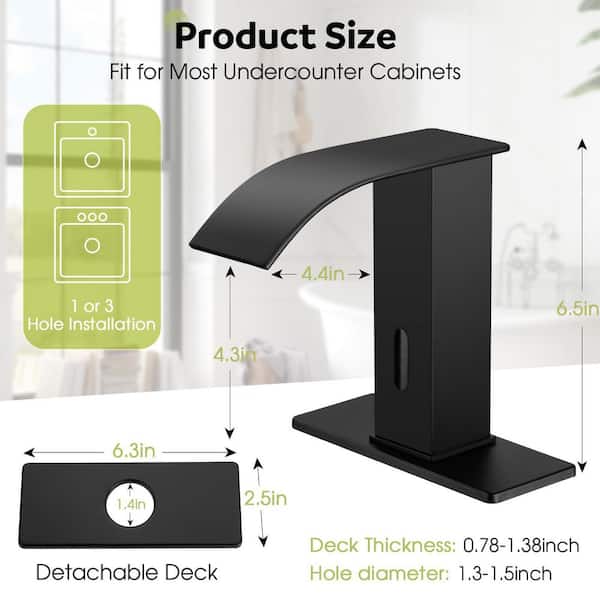 1-Piece Automatic Motion Sensor Faucet in Black with Waterfall Spout, Stainless Steel Sink Faucet with Hole Cover Plate