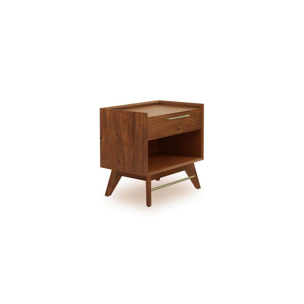 Walnut Acacia Wood Nightstand with Brass Handle and Shelf