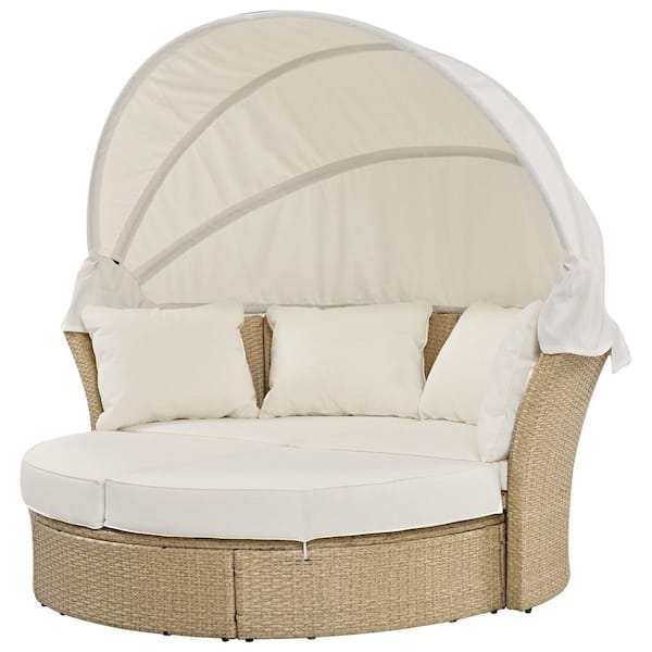 Patio Wicker Outdoor Round Day Bed with Retractable Canopy and Beige Cushions