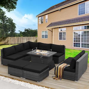 Large 10 Piece Charcoal Wicker Patio Fire Pit Deep Seating Conversation Set with Black Cushions and Ottomans