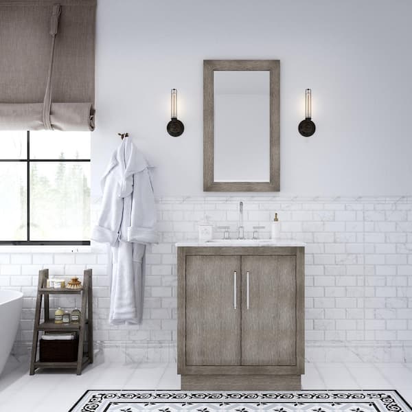 Water Creation Hugo 30 in. W x 22 in. D Bath Vanity in Grey Oak with Marble Vanity Top in White with White Basin
