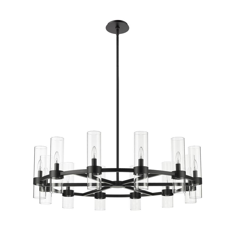 Datus Matte Black Iron Wagon Wheel Chandelier with Clear Glass Uplights