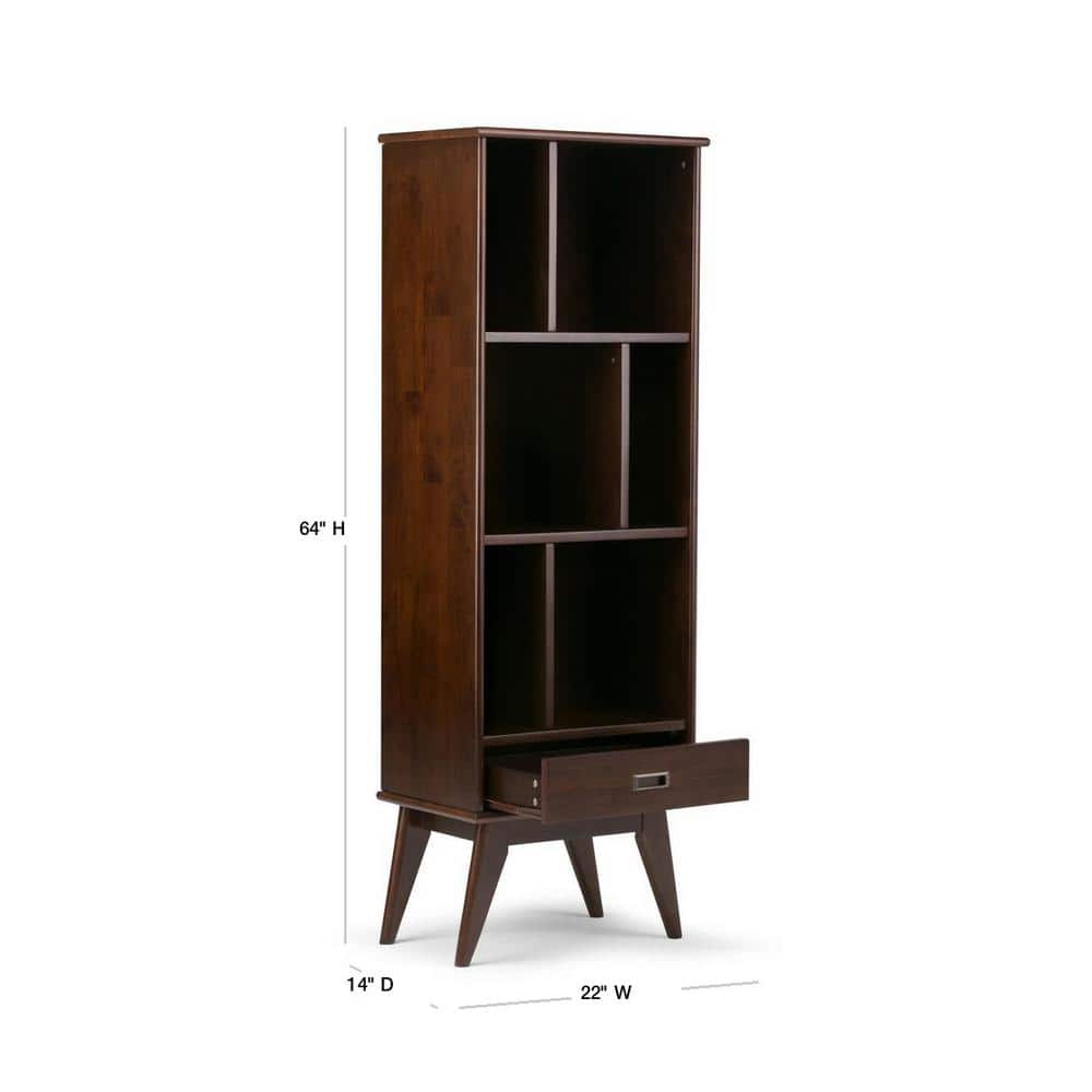 Medium Auburn Brown Solid Hardwood Mid-Century Modern Bookcase with Drawer