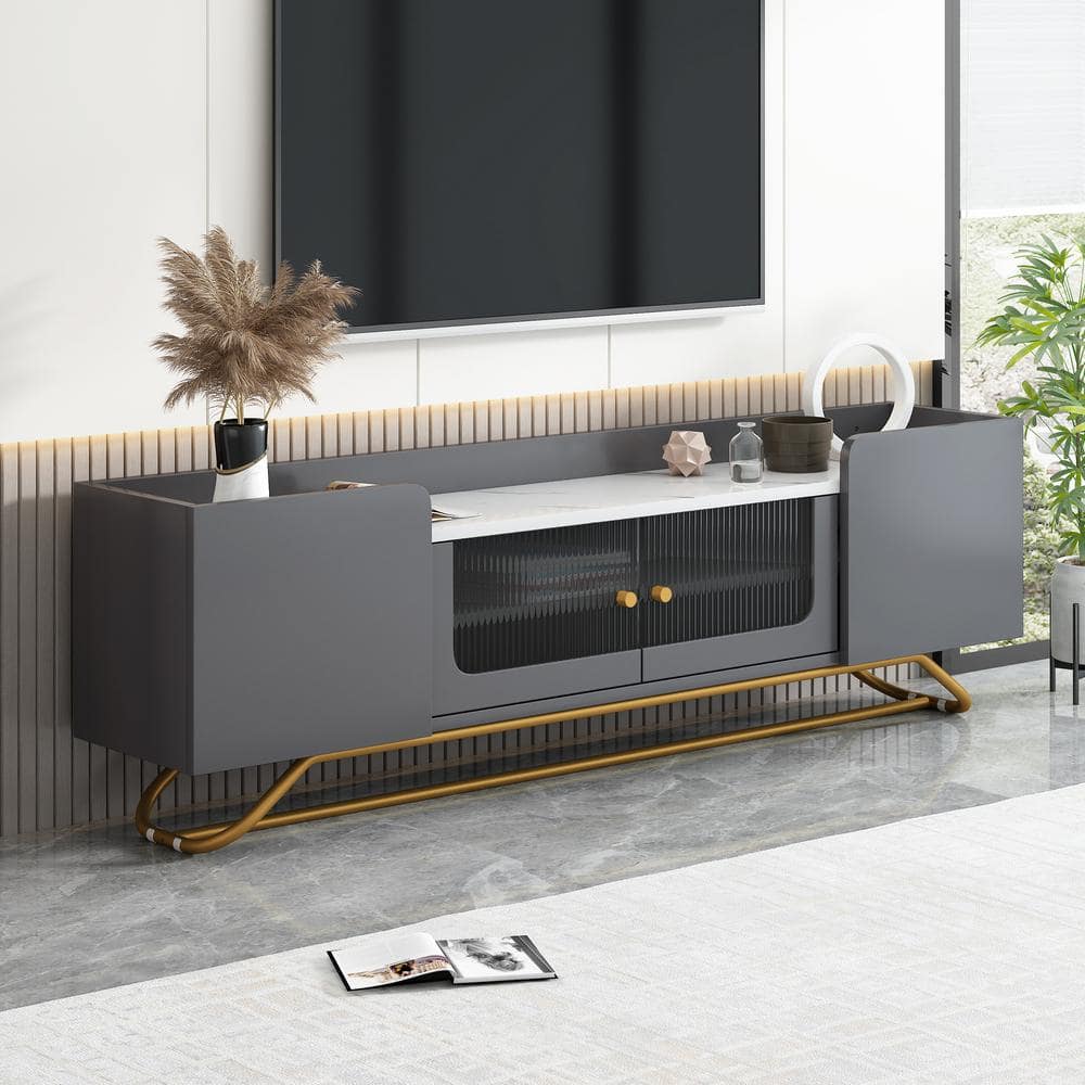Gray Modern TV Stand with Fluted Glass, Faux Marble Top, and Gold Frame Base