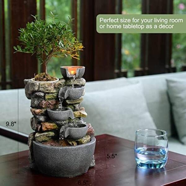 Afoxsos 9.8 in. Plug-In Polyresin 4-Bowl Rockery Fountain with LED