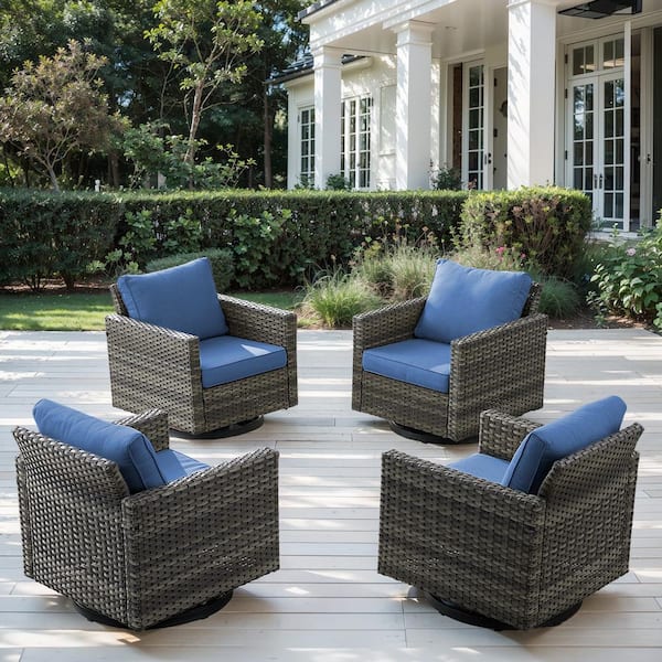 Opohoro Gray Wicker Outdoor Rocking Chairs, Patio Swivel Gliders with Navy Blue Cushions for Porch or Balcony (4-Pack)