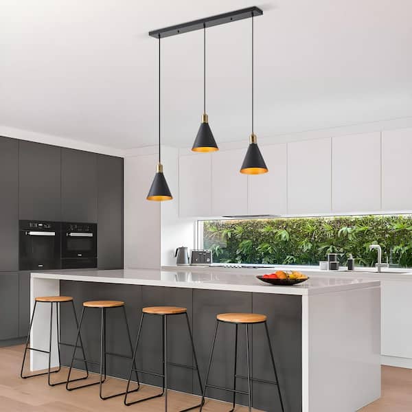 Jasslynn 3-Lights Black Pendant Lights with Cone Metal Shade for Kitchen Island Dinning Room Foyer Living Room