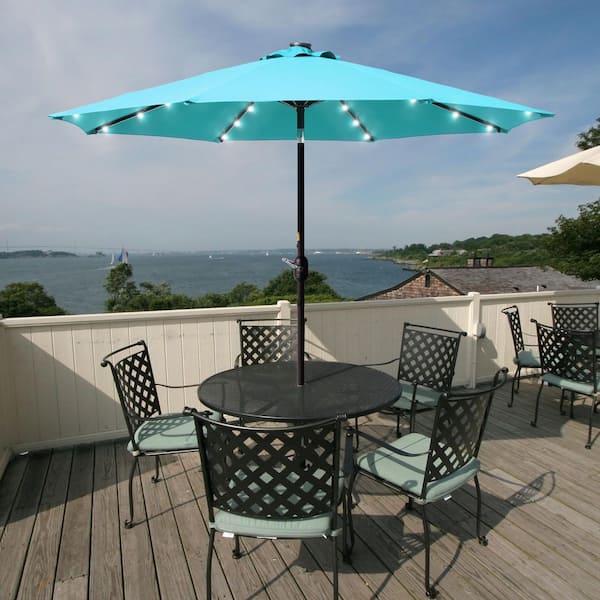 Sonkuki Solar Lighted LED 9 ft. Aluminum Patio Market Circle Outdoor Umbrellas with Push Button Tilt and Crank Lift in Lake Blue