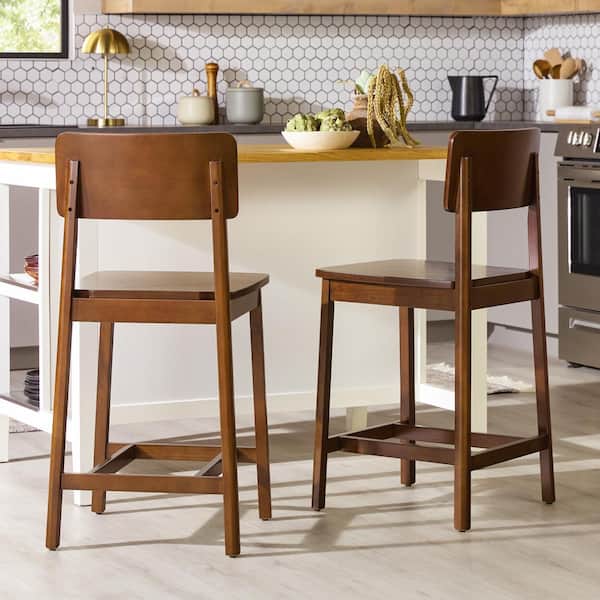 Modern 24 in. Walnut Low Back Solid Wood Counter Stool with MDF Seat, Set of 2