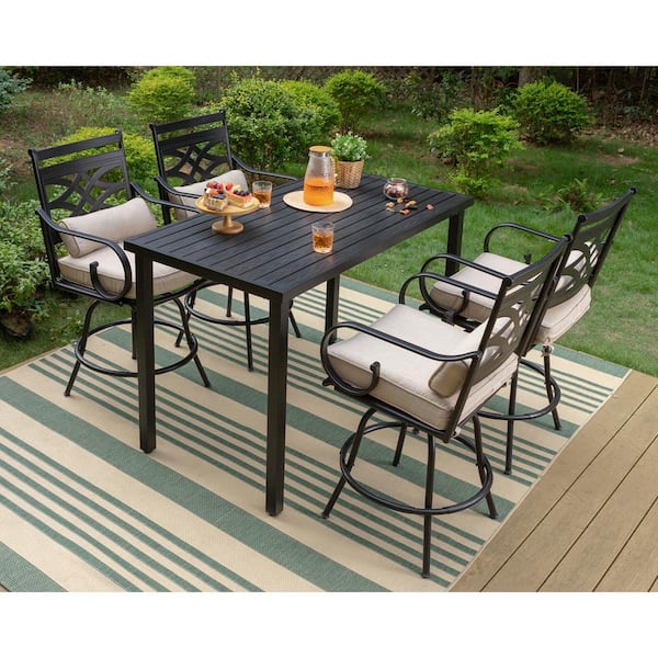 PHI VILLA 5-Piece Metal Outdoor Bar Height Dining Set with Beige Cushions