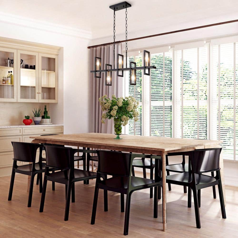 Modern Black and Brass Rectangle Island Chandelier with Clear Glass Shades