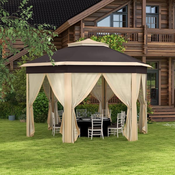 Outsunny 12' X 12' Pop Up Gazebo Hexagonal Canopy With 6 Zippered Mesh Netting 2 Tier Roof Event Tent With Strong Steel Frame For Patio Backyard