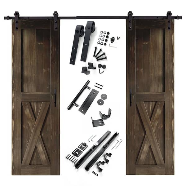 HOMACER 26 in. x 84 in. X-Frame Ebony Double Pine Wood Interior Sliding Barn Door with Hardware Kit Non-Bypass