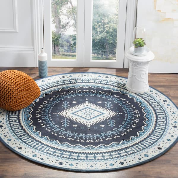 Classic Vintage Navy/Light Blue 6 ft. x 6 ft. Round Border Area Rug