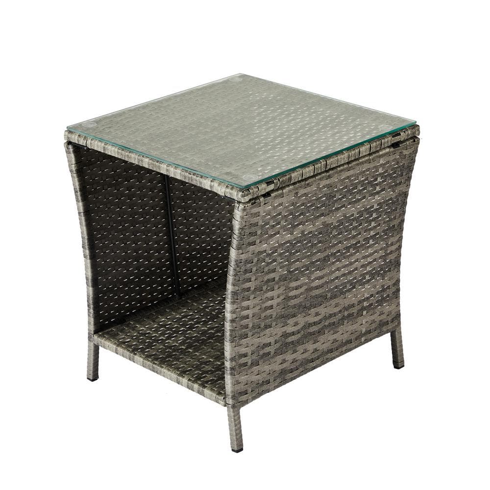 Gray and Black Iron Wicker Outdoor End Table