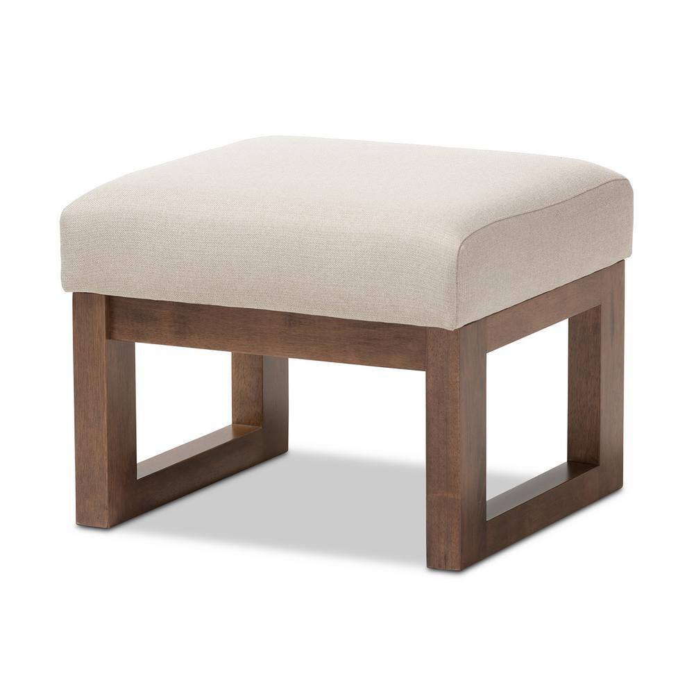 Yashiya Light Beige Fabric Upholstered Ottoman Stool with Walnut Wood Base