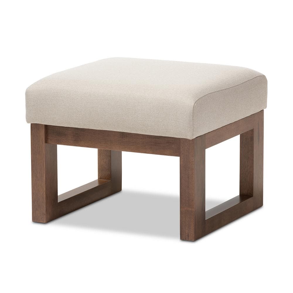 Yashiya Light Beige Fabric Upholstered Ottoman Stool with Walnut Wood Base