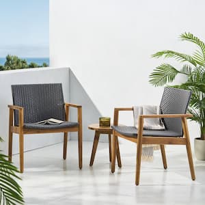 2-Piece Natural Metal Acacia Wood Outdoor Lounge Chairs with Gray Seats