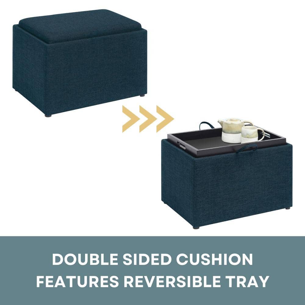 Dark Blue Fabric Storage Ottoman with Reversible Tray