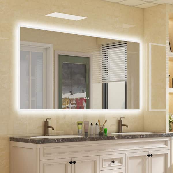 ANGELES HOME 72 in. x 36 in. Large Rectangular Acrylic Framed Wall Anti Fog Dimmable LED Bathroom Vanity Mirror with Lights in White