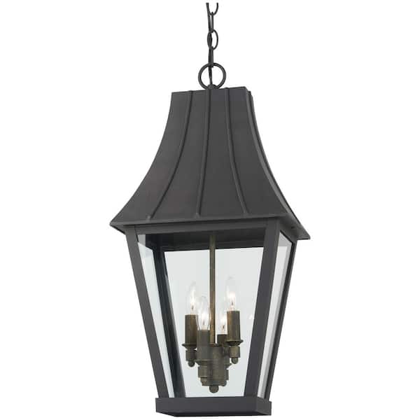 Minka Lavery Chateau Grande 4-Light Sand Black and Burnt Gold Outdoor Pendant with Clear Glass