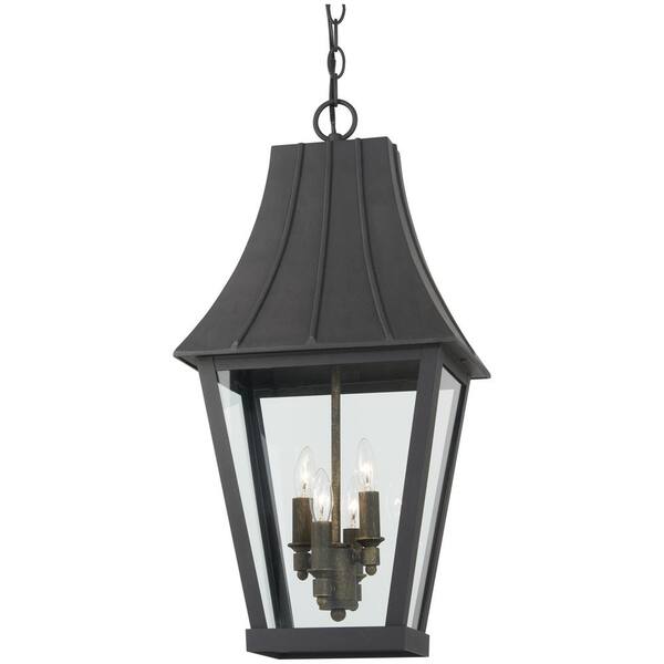 Minka Lavery Chateau Grande 4-Light Sand Black and Burnt Gold Outdoor Pendant with Clear Glass