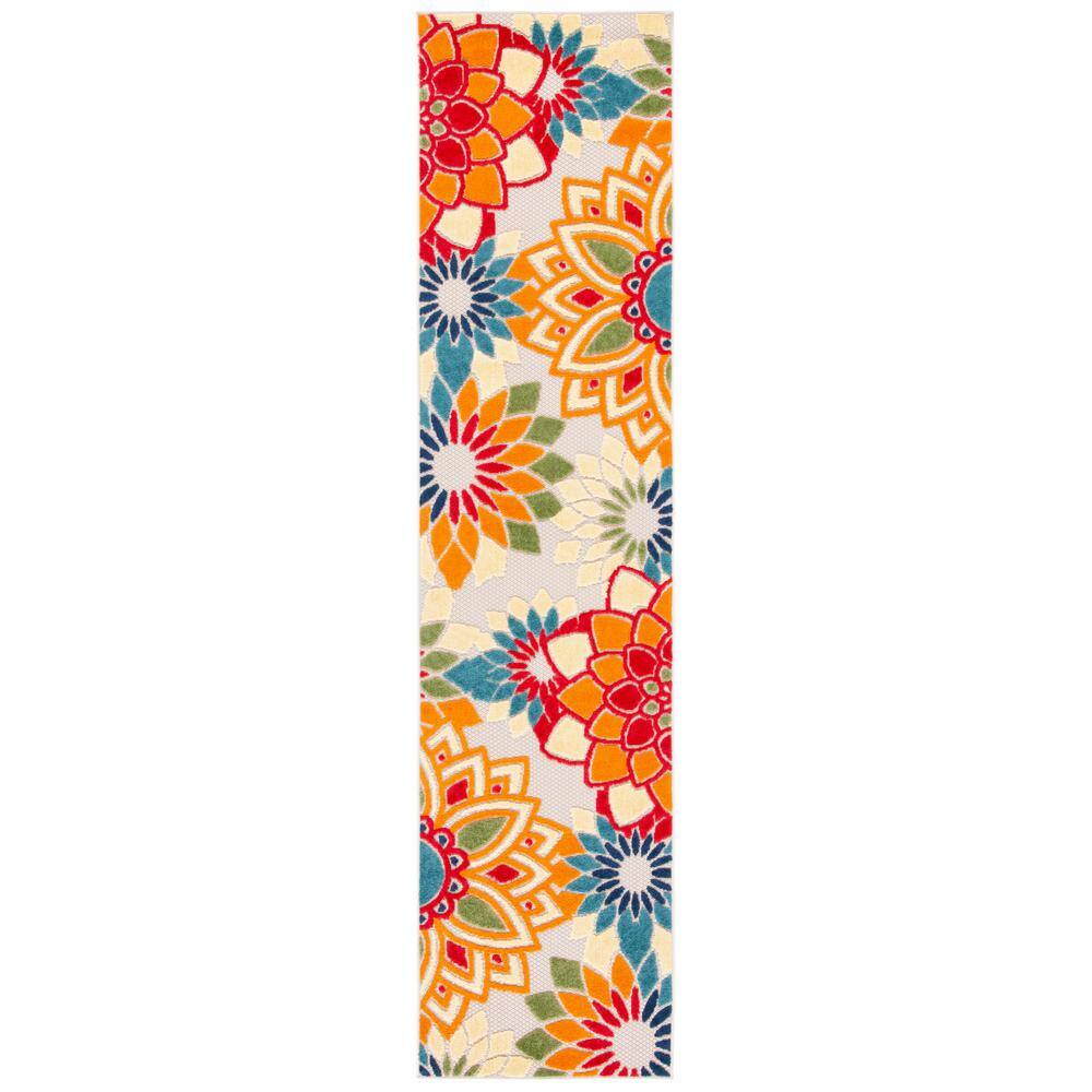 Ivory and Orange Floral Synthetic Runner Rug, 2'2" x 11'