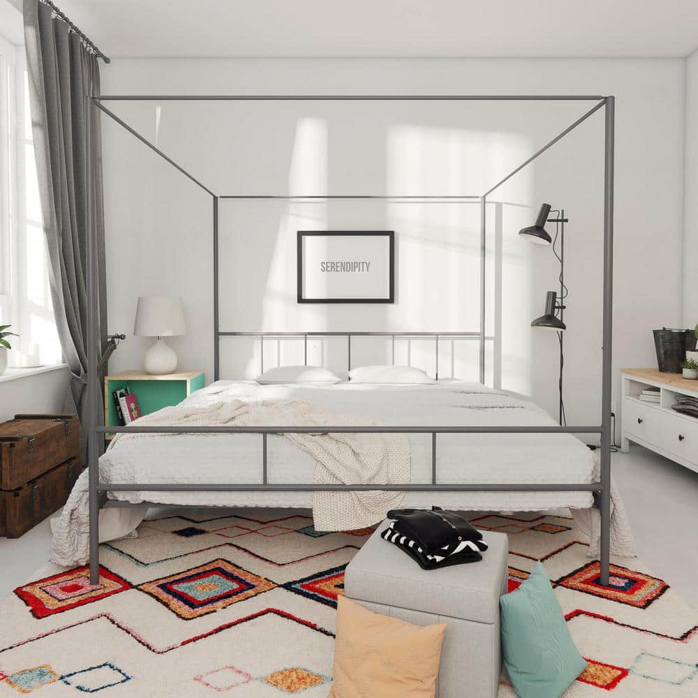 King Size Dark Gray Metal Canopy Platform Bed with Headboard