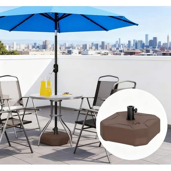 choosinf patio umbrella stand Dracelo 3.5 lbs. HDPE Patio Umbrella Base in Brown, Fillable to 55 lbs., Fits 1.5 in. and 1.9 in. Poles