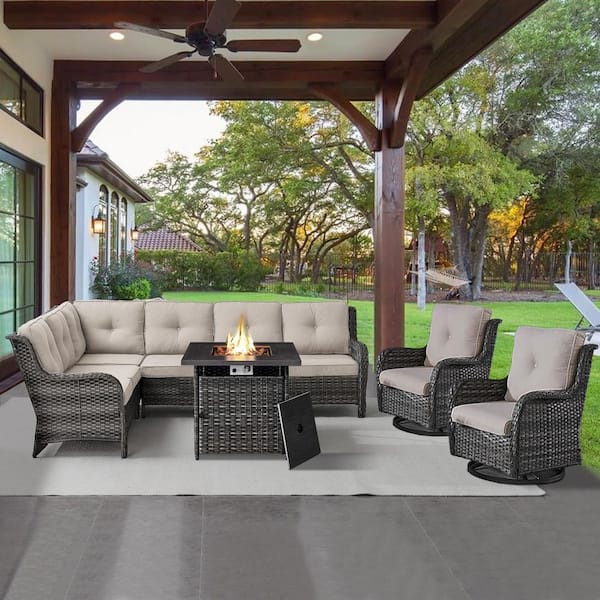 Opohoro Gray 4-Piece Wicker Patio Fire Pit Set, Outdoor Sectional Seating Set with Olefin Beige Cushions and Swivel Rockers
