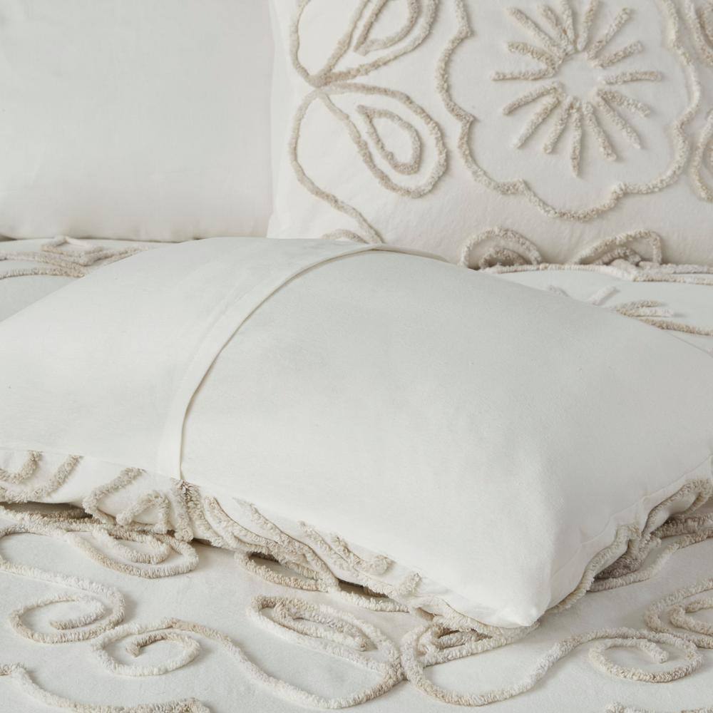 Ivory Full Tufted Cotton Chenille Coverlet Set with Graphic Detail