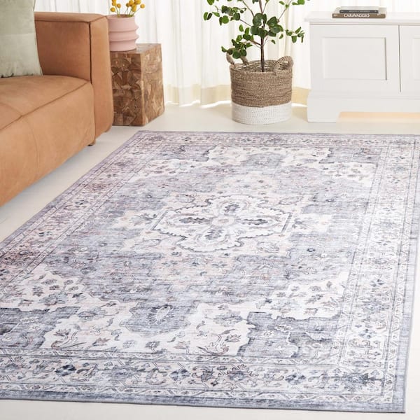 Arizona 8 ft. x 8 ft. Light Gray/Beige Machine Washable Distressed Border Ornate square Area Rug