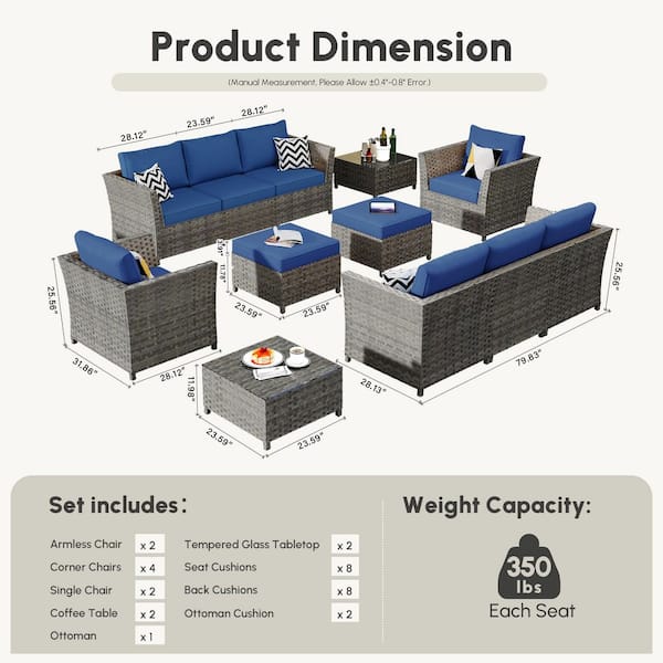 XIZZI Jasmine 12-Piece Wicker Outdoor Sectional Set with Navy Blue
