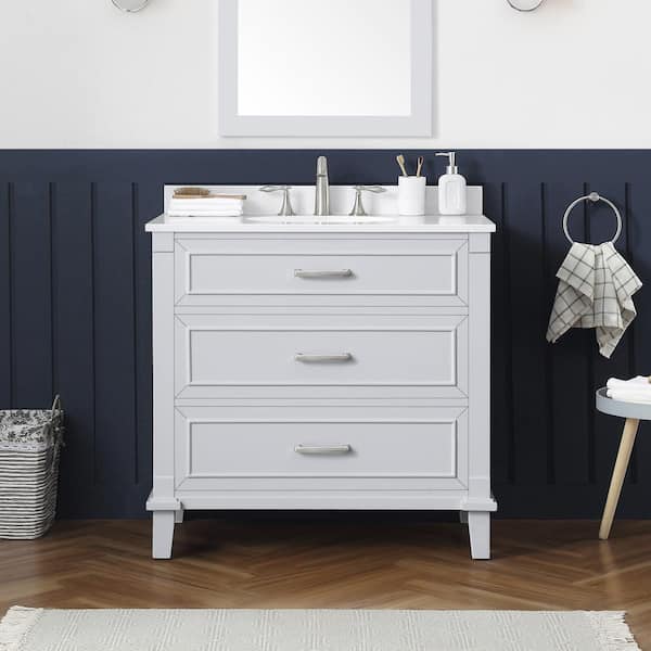 Home Decorators Collection Pinestream 36 in. W x 22 in. D x 34 in. H Single Sink Bath Vanity in Dove Gray with White Engineered Stone Top