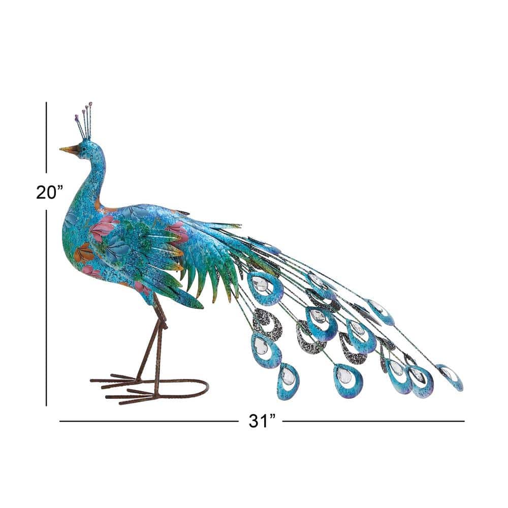Teal and Blue Metal Peacock Garden Sculpture with Crystal Accents