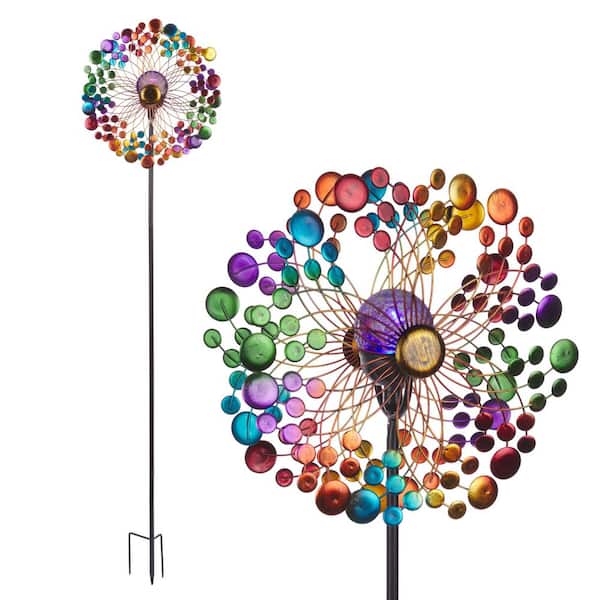 Alpine Corporation 60 in.H Outdoor Solar Ecliptic Metal Wind Spinner Lawn Stake with Color-Changing LED Light