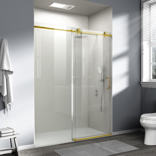 60 in. W x 76 in. H Single Sliding frameless Bypass Bathroom Shower Door with 1/4 in. Tempered Glass in Brushed Gold