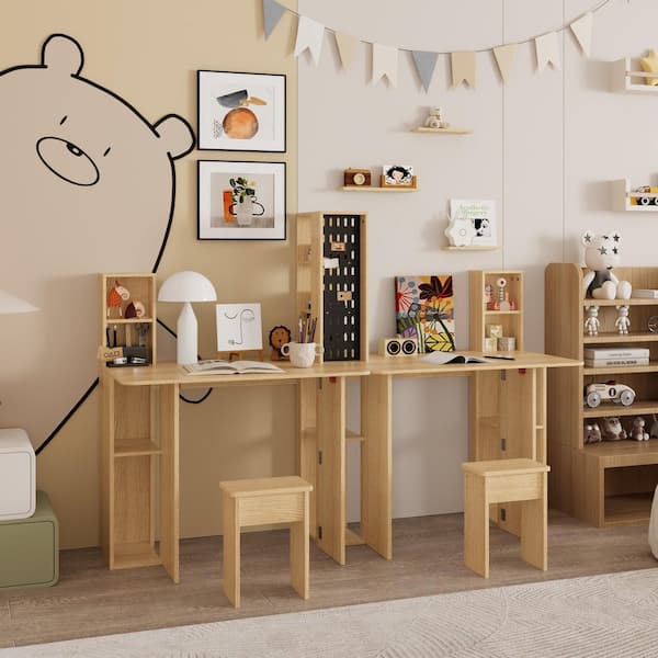 70.98 in. Rectangular Oak Kids' Desk with Foldable Worktop, Hidden Stools, and Wall-Mounted Pegboard Storage